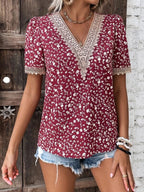 Women's V-Neck Blouse with Delicate Lace Accents