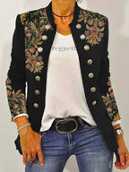 Elegant Floral Embroidered Blazer Jacket with Contrast Buttons