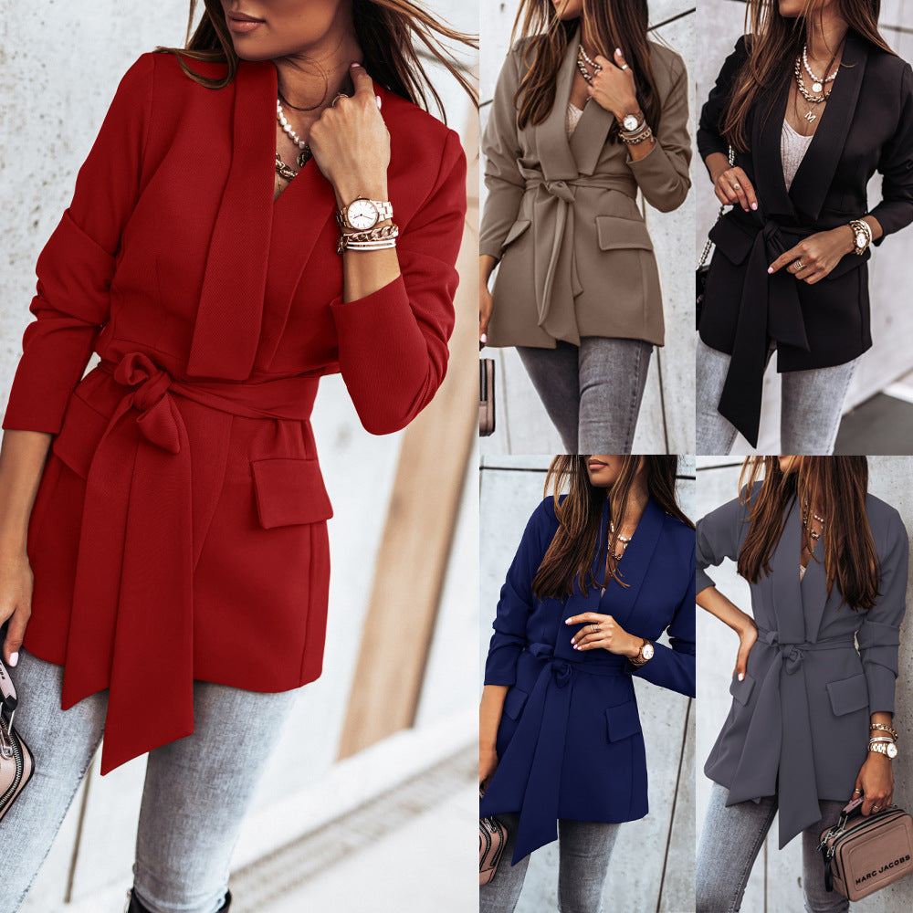 Women's Elegant Tailored Blazer with Belt and Pockets