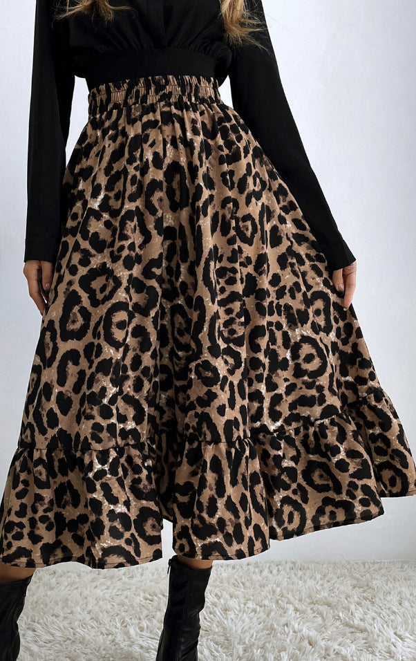 Women's Midi Skirt with Ruffles and Animal Print