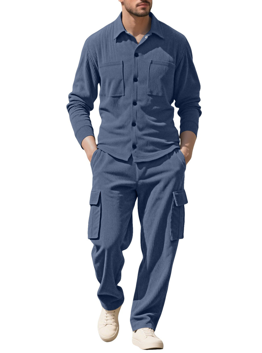 Men's Ribbed Worker Shirt and Cargo Pants Set