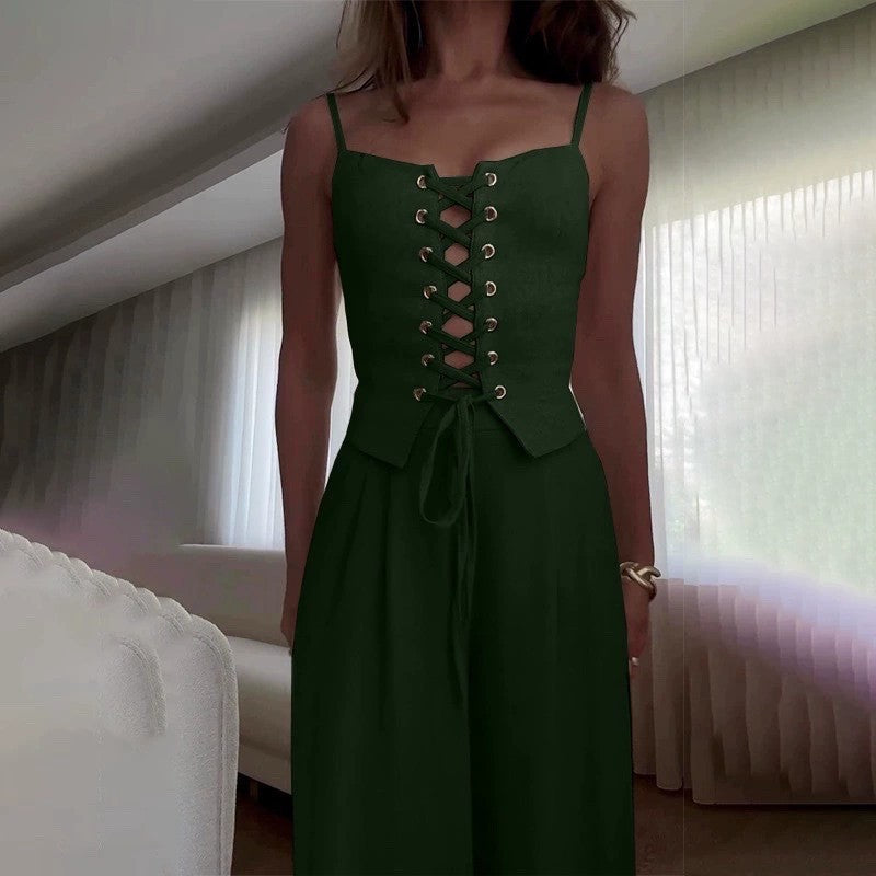 Women's Jumpsuit with Feminine Lacing and Wide Leg