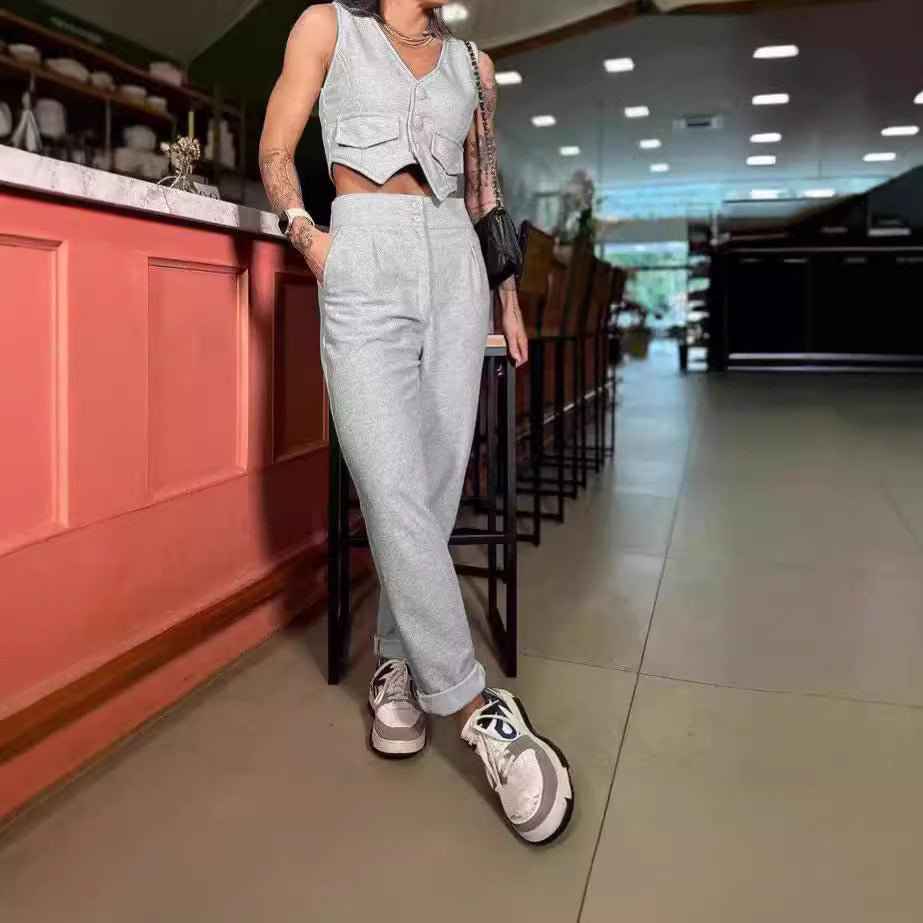 Women's Comfortable Lounge Set with Button Details and Wide Legs