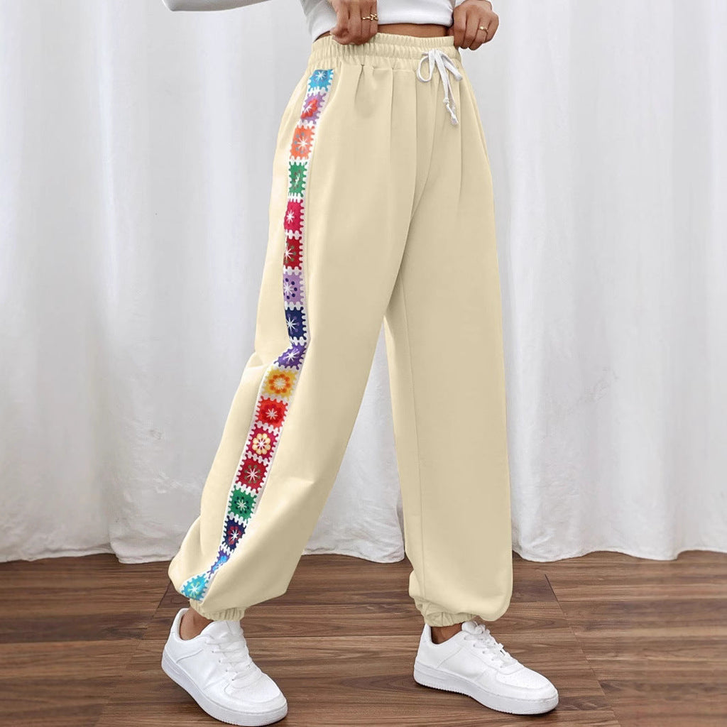 Women's Casual Pants with Floral Pattern and Elastic Waistband