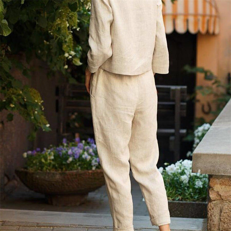Women's Casual Two-Piece Linen Outfit with Wide Waistband