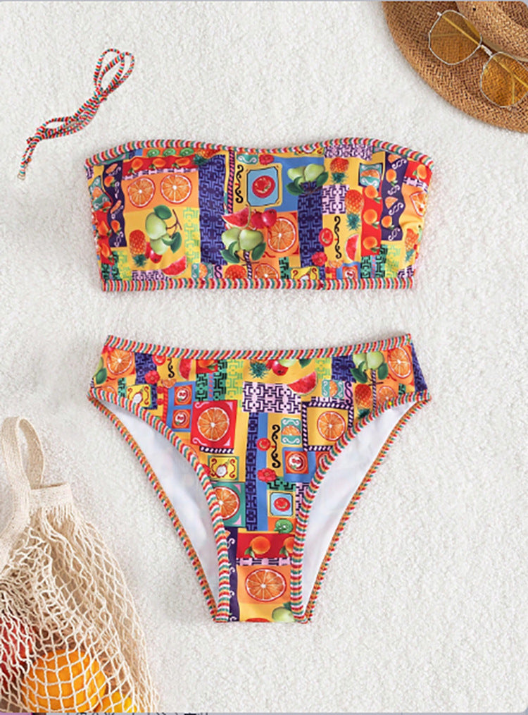 Women's Bandeau Bikini with Colorful Fruit Pattern