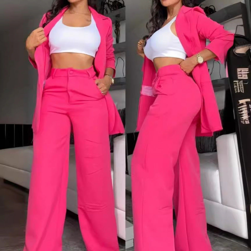 Women's Elegant Two-Piece Set with Wide-Leg Pants and Tailored Blazer
