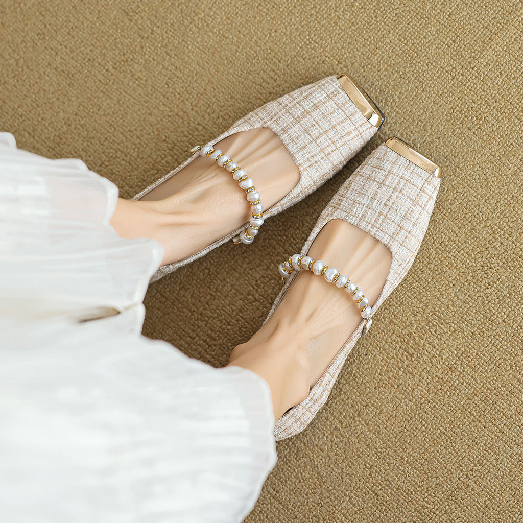Women's Ballet Flats with Pearl Appliqué and Strap