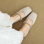 Women's Ballet Flats with Pearl Appliqué and Strap