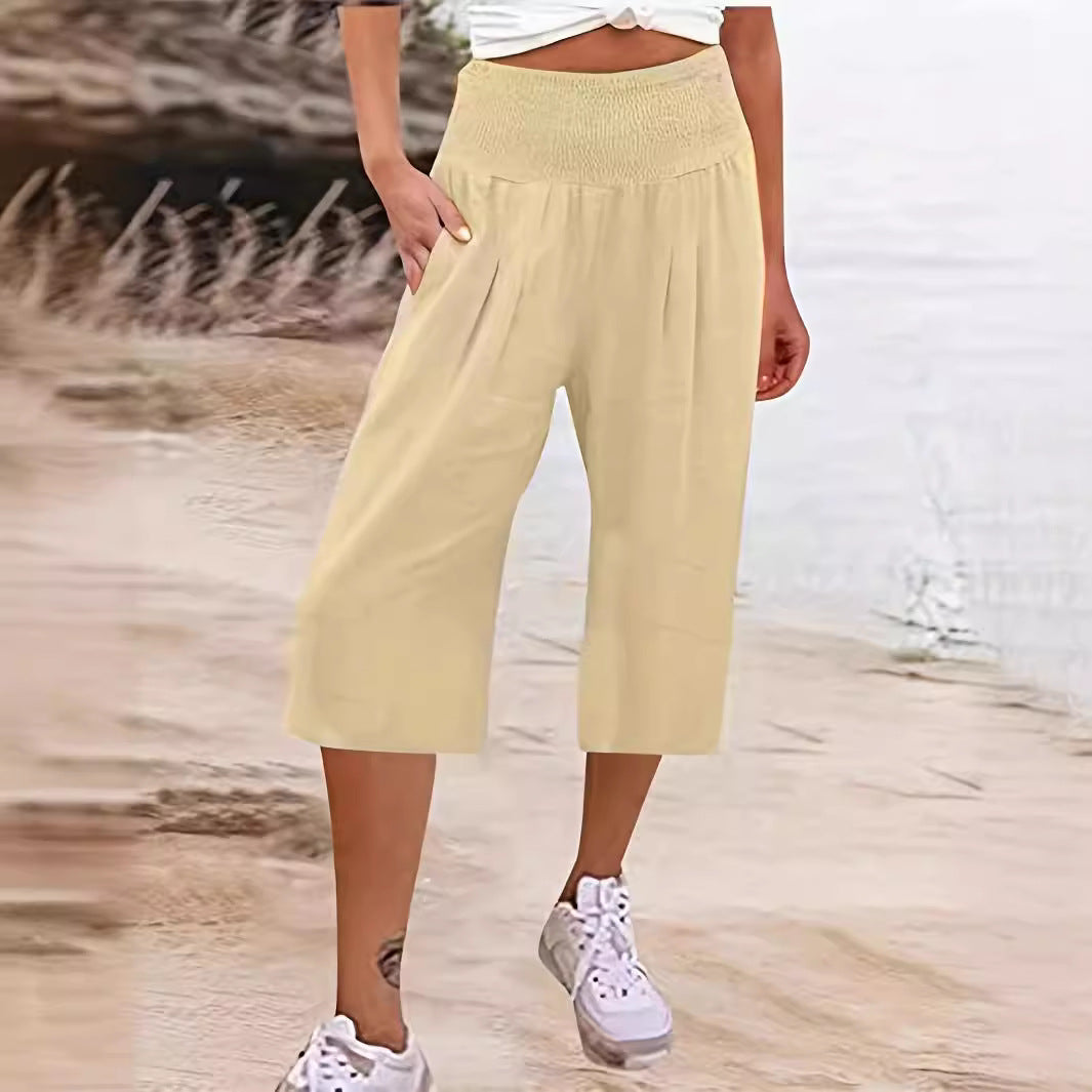 Women's Elegant Culottes with Elastic Waistband and Pockets