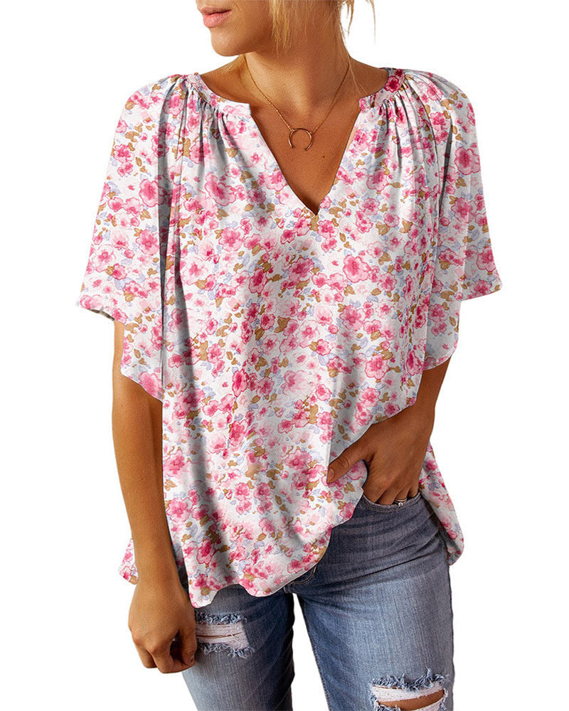 Women's Airy V-Neck Blouse with Floral Pattern