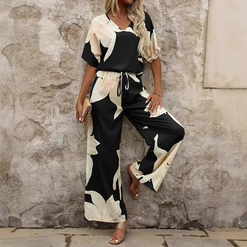 Women's Airy Floral Print Pantsuit with Elastic Waistband