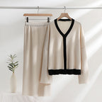 Women's Elegant Knit Set with Deep V-Neck and Contrast Details