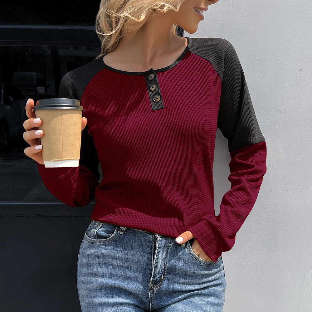 Women's Casual Waffle-Knit Henley Shirt with Contrast Sleeves