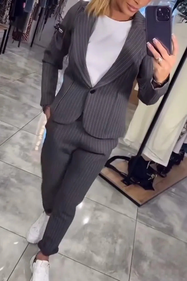 Women's Elegant Pinstripe Blazer and Trouser Set