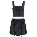 Women's Fashionable Crop Top and Skirt Set with Ruching and Tie Details