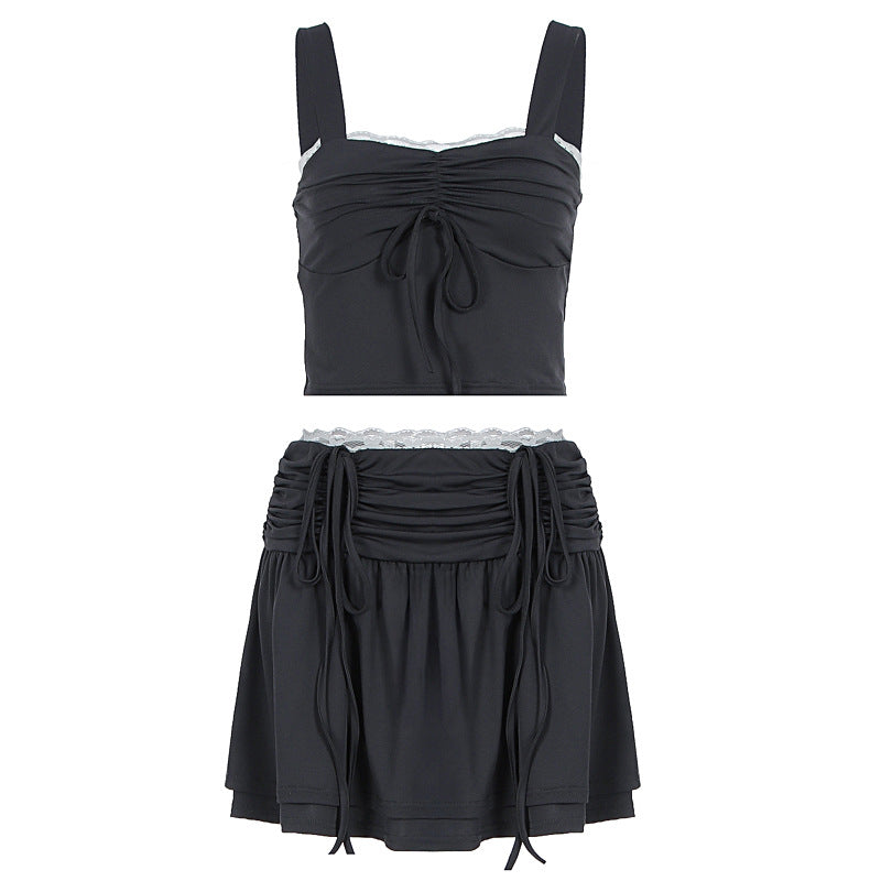Women's Fashionable Crop Top and Skirt Set with Ruching and Tie Details