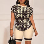 Geometric Print Top and Casual Biker Shorts Set