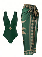 Women's Swimsuit with Feminine Wrap Skirt and Elegant Jewelry Detail