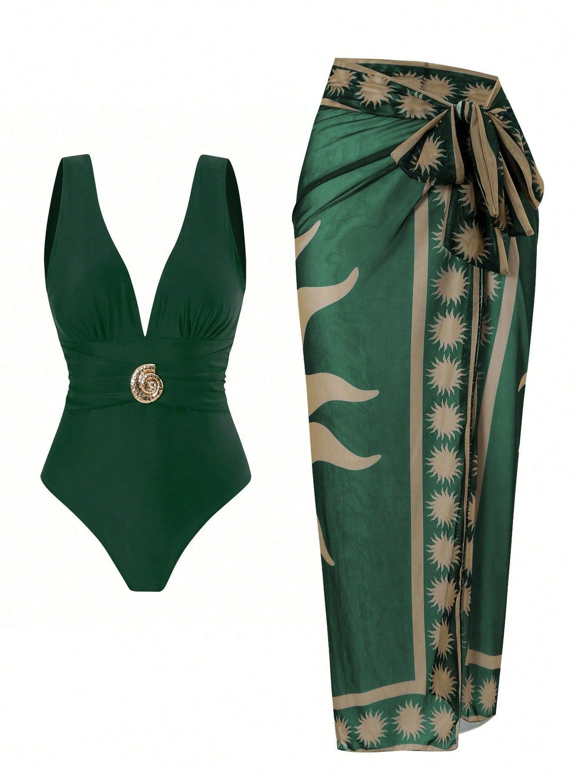 Women's Swimsuit with Feminine Wrap Skirt and Elegant Jewelry Detail