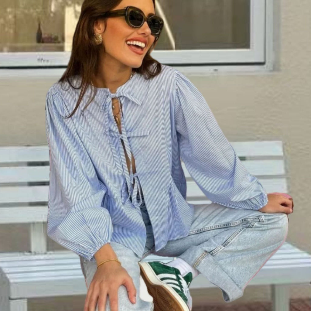 Women's Blouse with Ruffle Sleeves and Tie