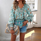 Women's Blouse with Floral Patterns and Tie Neckline
