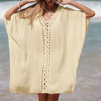 Women's Elegant Beach Poncho with Crochet Accents and Deep V-Neck