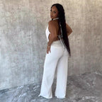 Elegant Deep-V Jumpsuit with Curved Back and Wide Legs