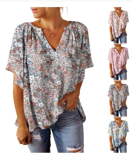 Women's Floral Blouse with V-Neck