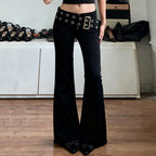 Women's Flared Jeans with Adjustable Belt and Cut-Out Design