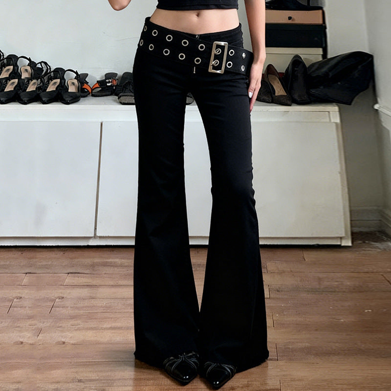 Women's Flared Jeans with Adjustable Belt and Cut-Out Design