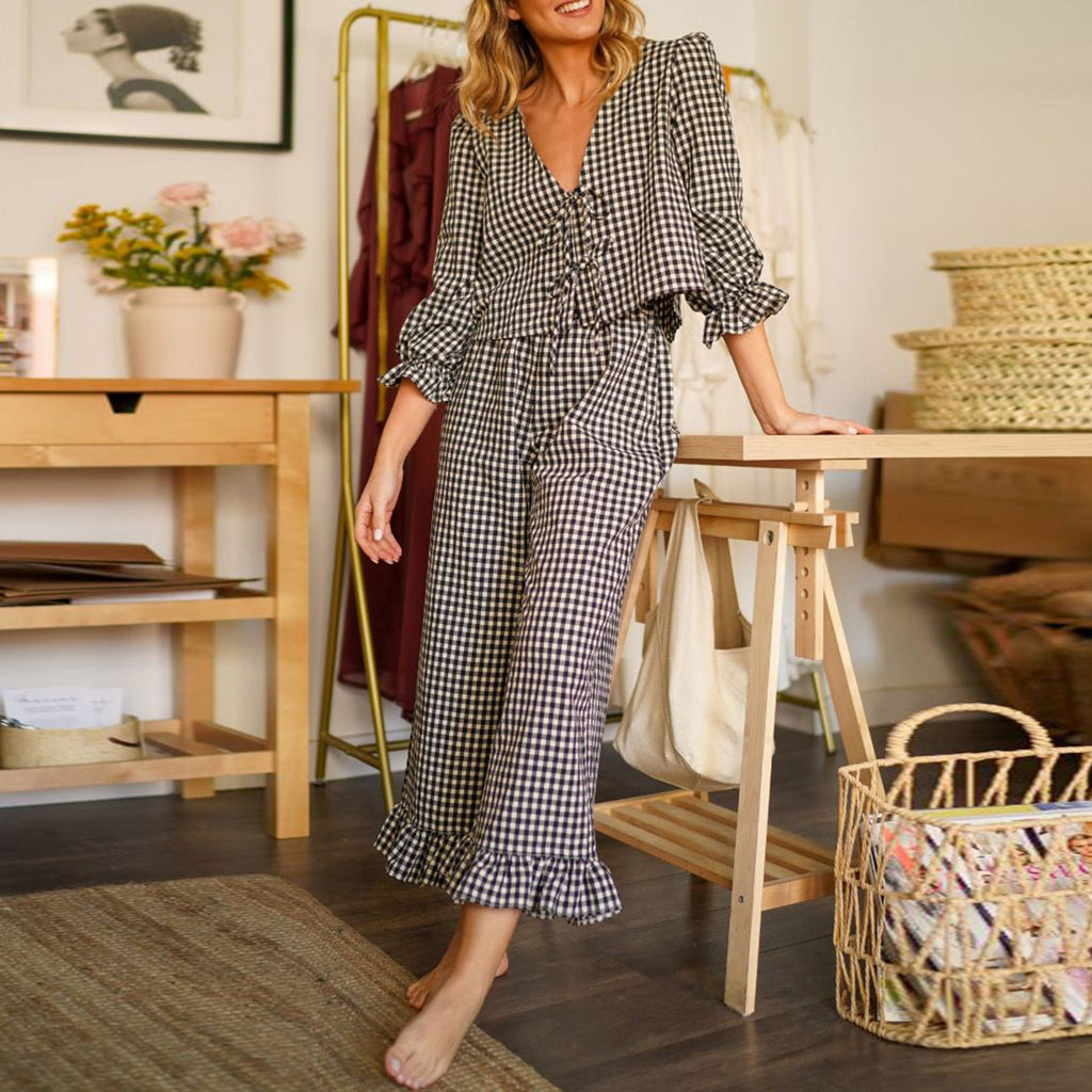 Women's Plaid Pajama Suit with Ruffle Details