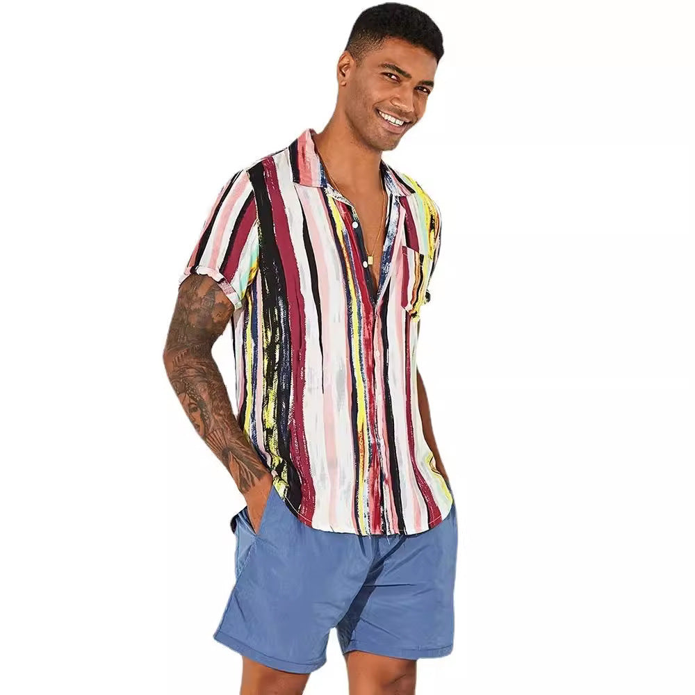 Women's Short-Sleeve Shirt with Modern Striped Pattern and Chest Pocket