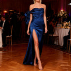 Women's Asymmetrical Evening Dress with Slit and Decorative Drape