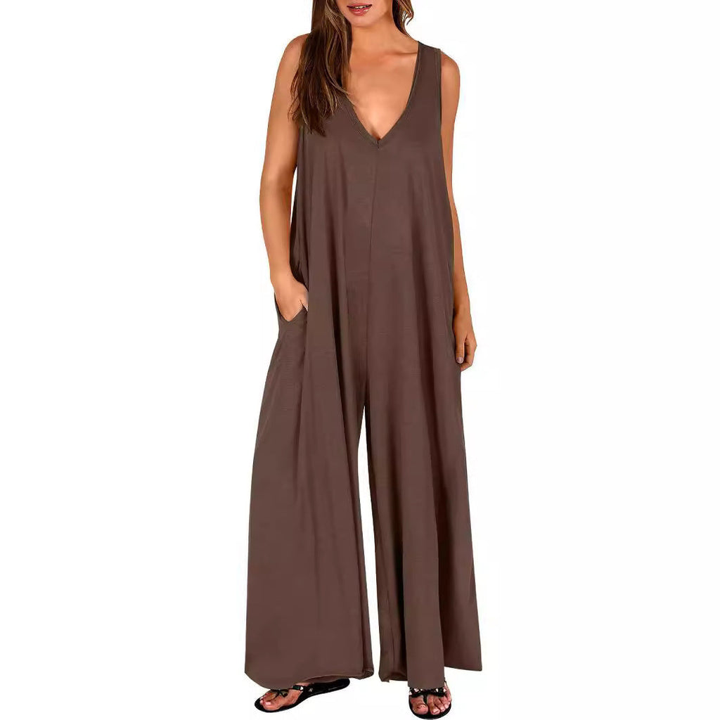 Women's Loose Jumpsuit with Deep V-Neck and Side Pockets
