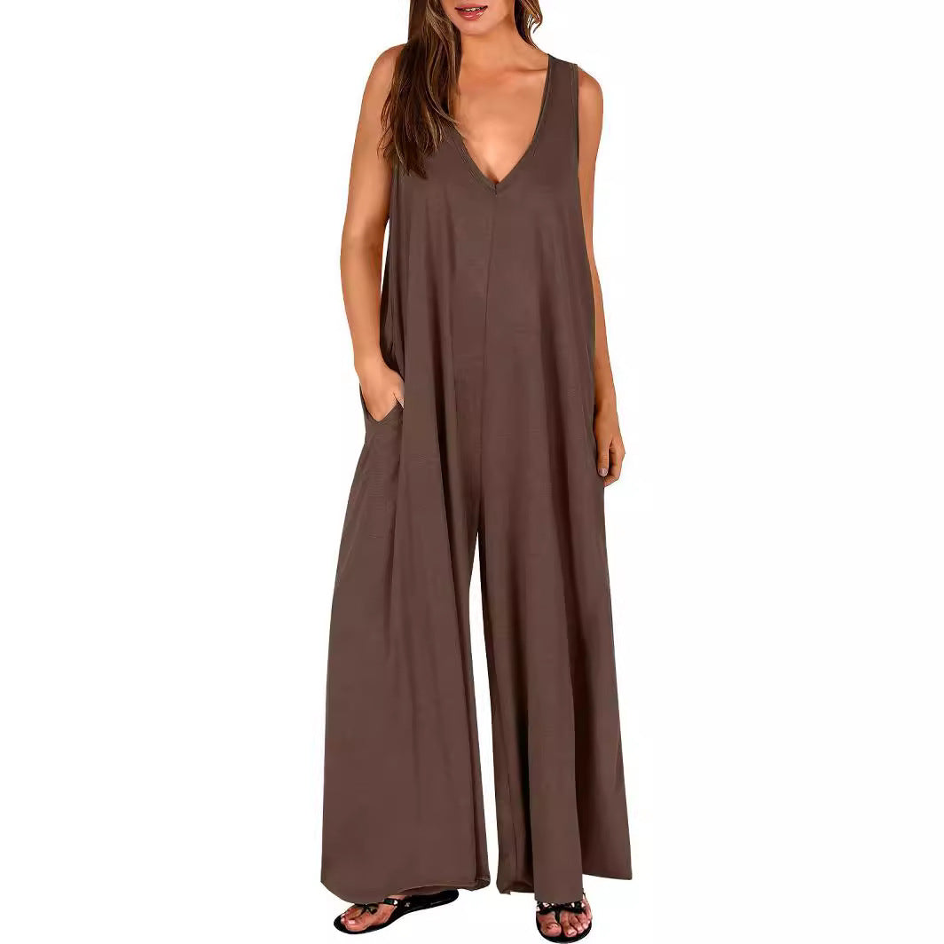 Women's Loose Jumpsuit with Deep V-Neck and Side Pockets