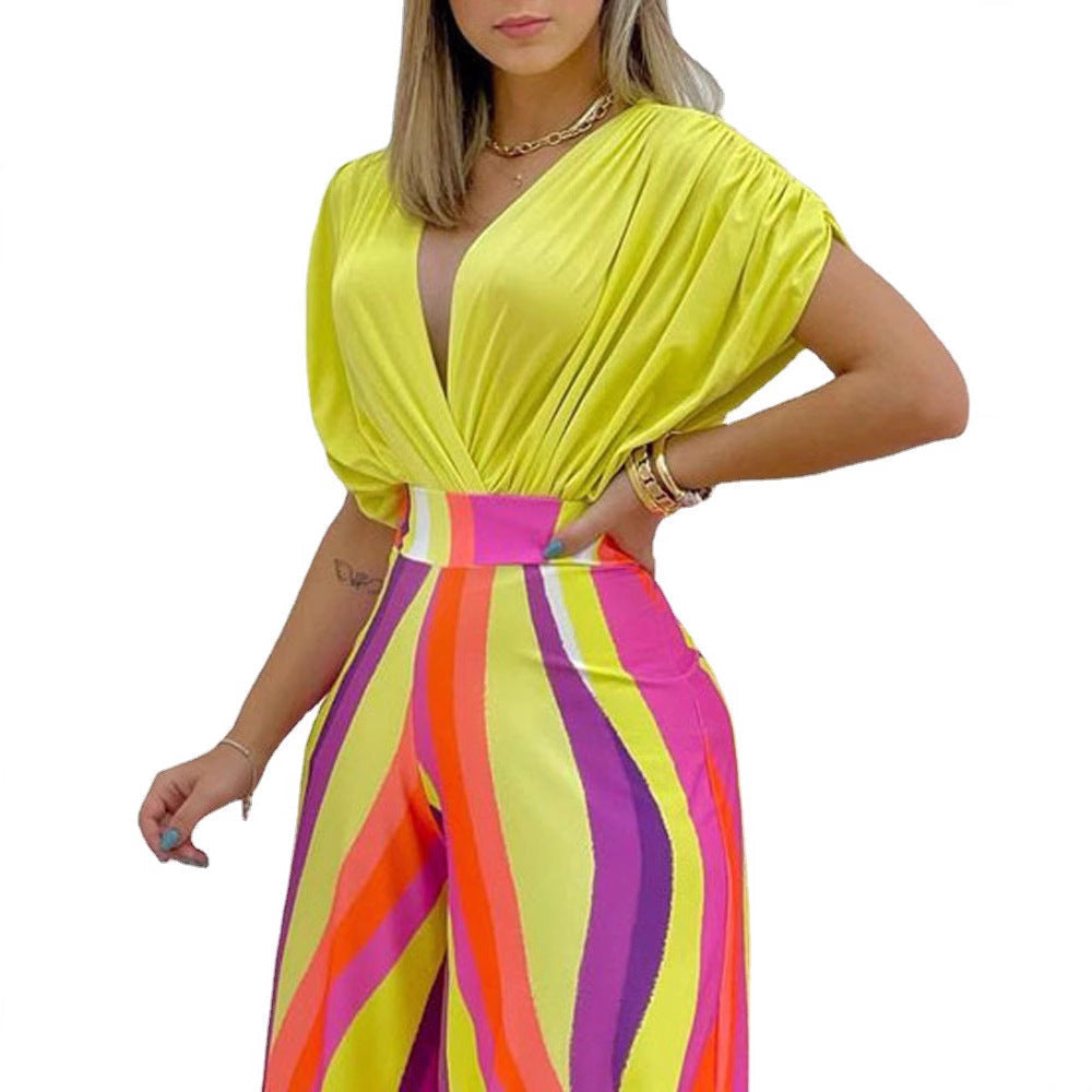 Women's Blouse Set with Wide-Leg Pants and Floral Print