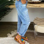 Women's Denim Pleated Trousers with Button Placket and Destroyed Effect