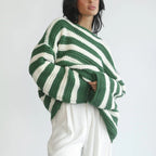 Women's Striped Chunky Knit Sweater with Casual Fit and Wide Sleeves