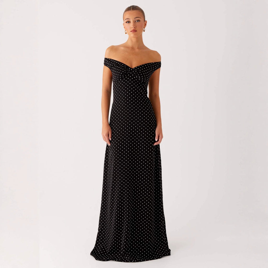 Off-Shoulder Evening Dress with Polka Dot Pattern