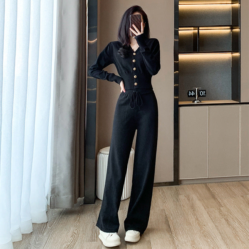 Long-Sleeve Knit Suit with Elastic Waistband