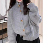 Women's Cozy Cardigan with High Collar and Decorative Buttons
