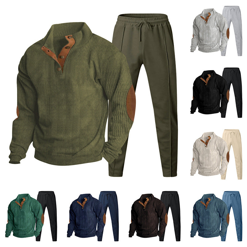 Men's Structured Henley Loungewear Set with Elbow Patches & Tapered Jogger Pants