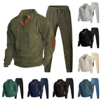 Men's Structured Henley Loungewear Set with Elbow Patches & Tapered Jogger Pants