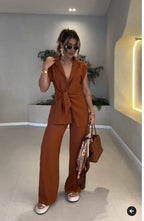 Women's Casual Oversized Shirt with Tie Belt and Wide-Leg Pants