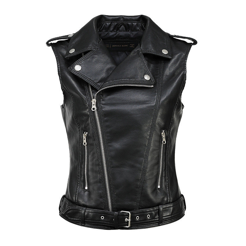 Women's Biker Leather Vest with Asymmetrical Zipper