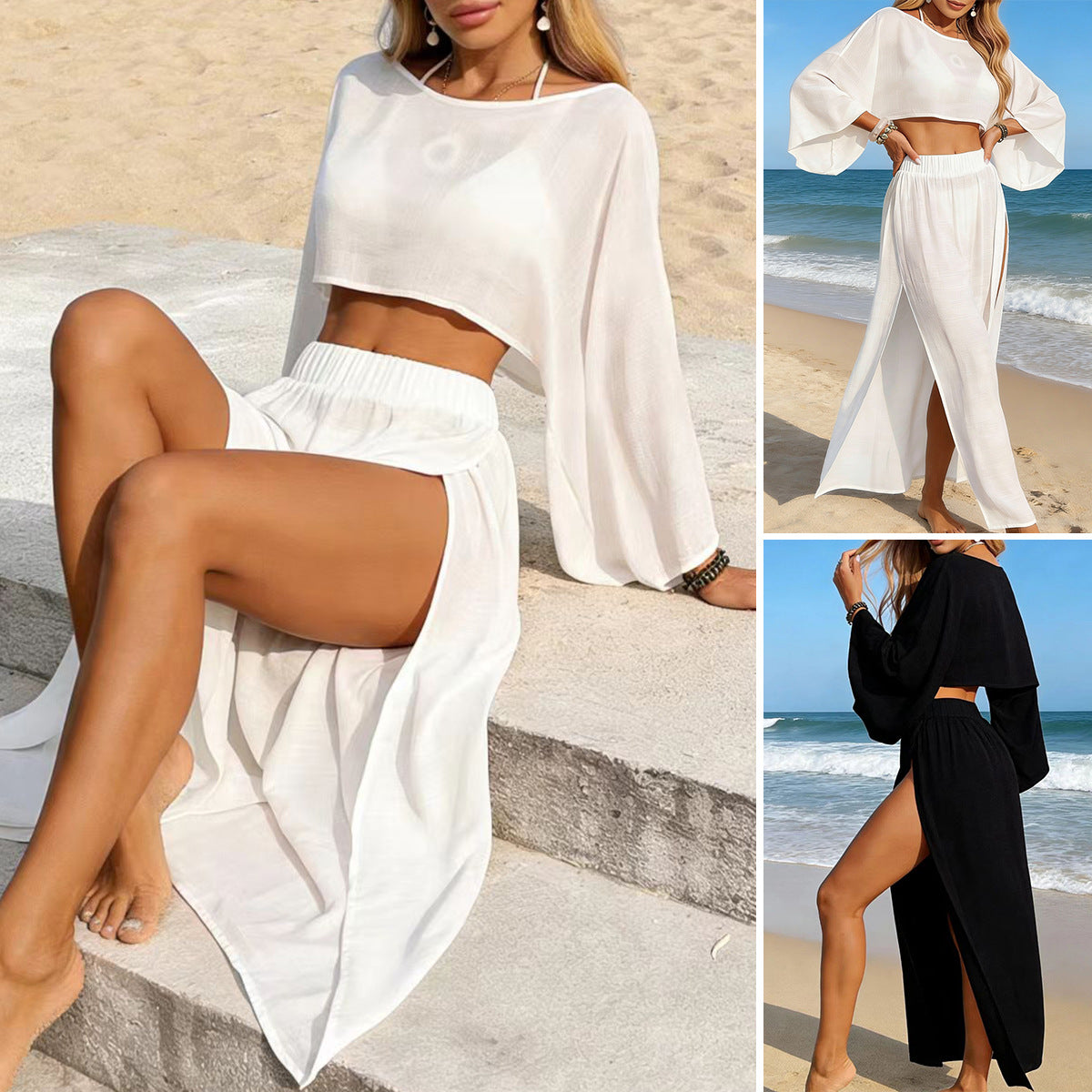 Women's Airy Maxi Skirt with Side Slits and Open Structure