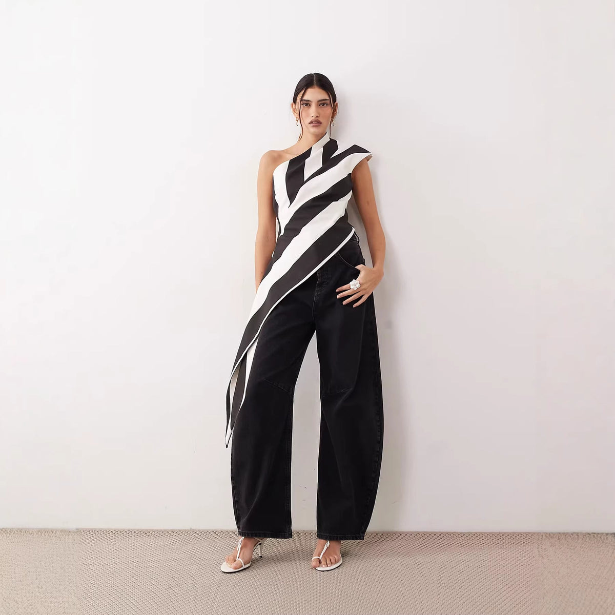 Women's Asymmetrical Wrap Top with Striped Pattern