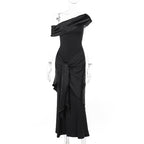 Women's Floor-Length Evening Dress with Asymmetric Cut and V-Neck