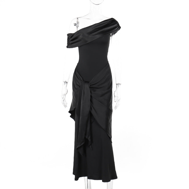 Women's Floor-Length Evening Dress with Asymmetric Cut and V-Neck